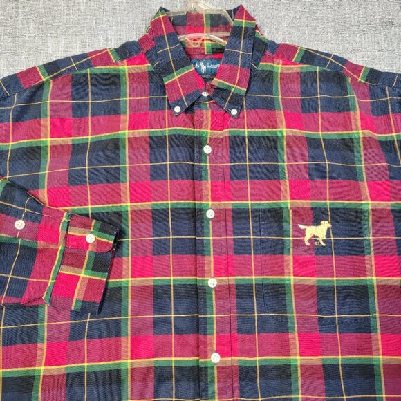 VINTAGE Ralph Lauren Shirt Mens Red Plaid Embroidered Retriever Dog - Picture 1 of 14